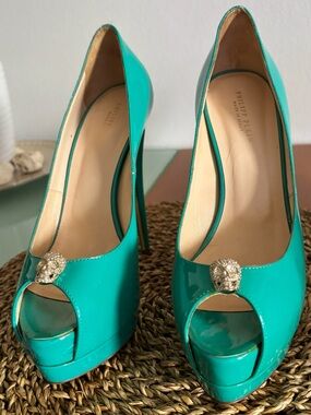 Philipp Plein Teal Patent Leather Peep-Toe Stiletto Heels